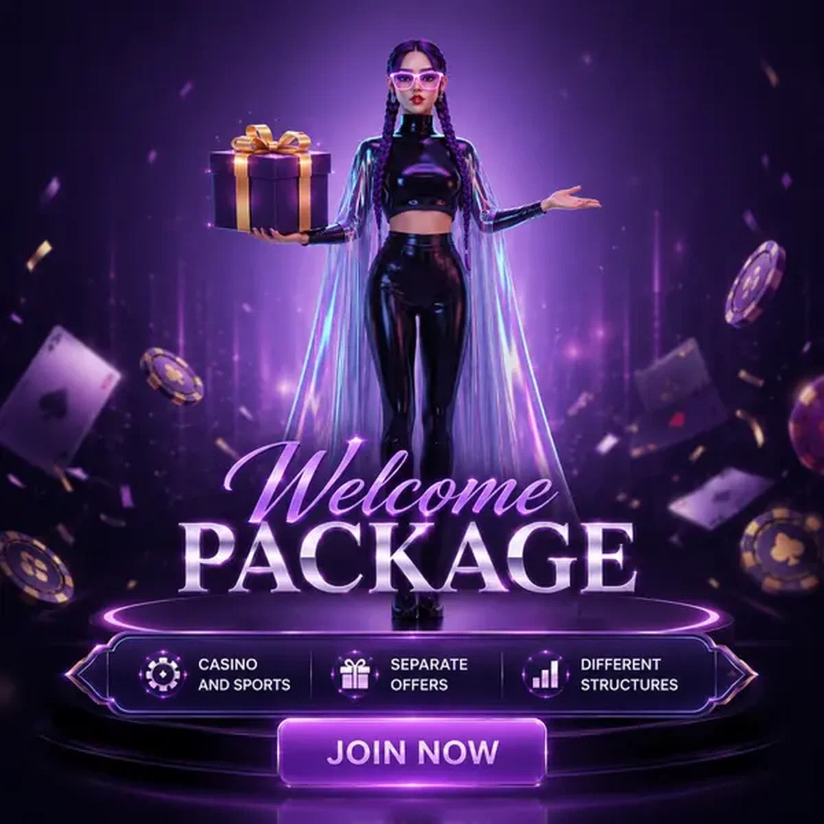 Giocatore che presenta regalo del pacchetto di benvenuto su elegante podio pronto per iscriversi al casinò