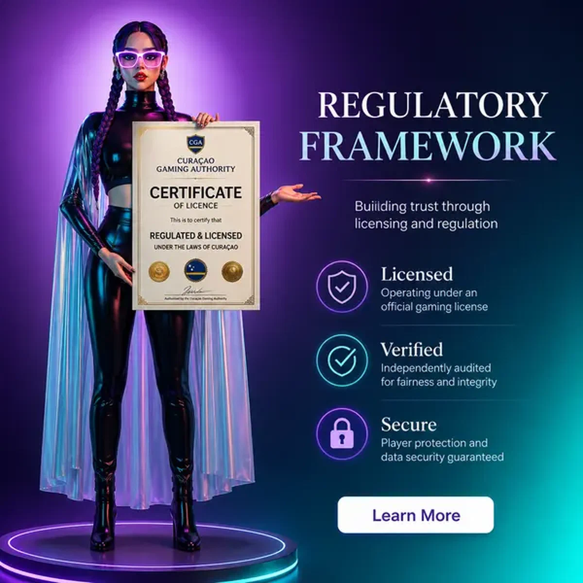 Personaggio che presenta certificato di verifica presso il portale Quadro Normativo Curaçao Gaming Authority e Protezione AML