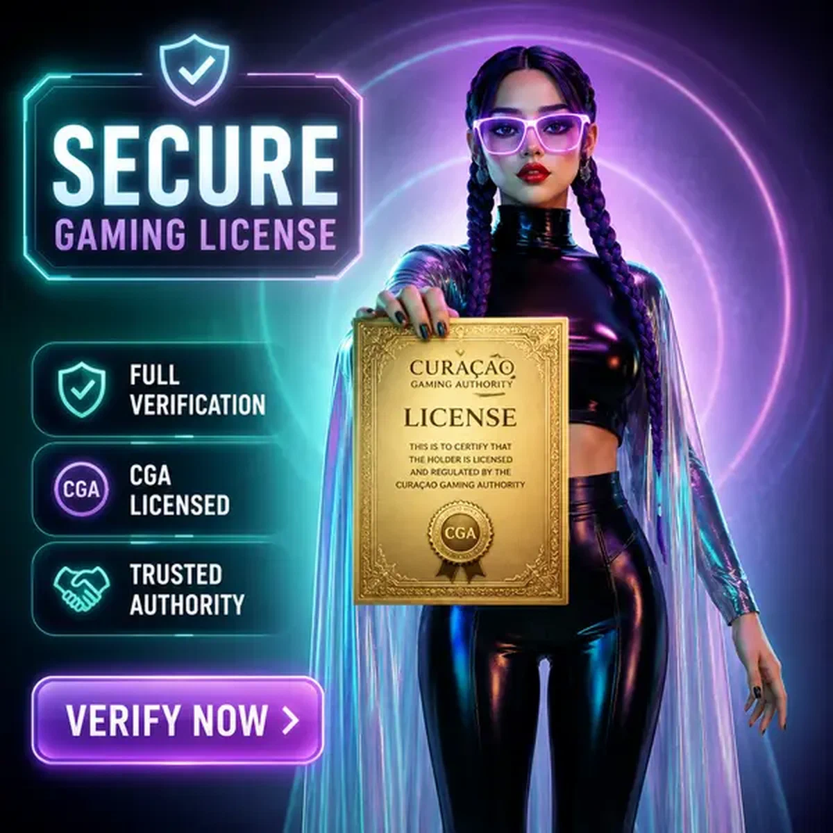 Personaggio che presenta certificato di verifica della licenza Curacao Gaming Authority alla registrazione