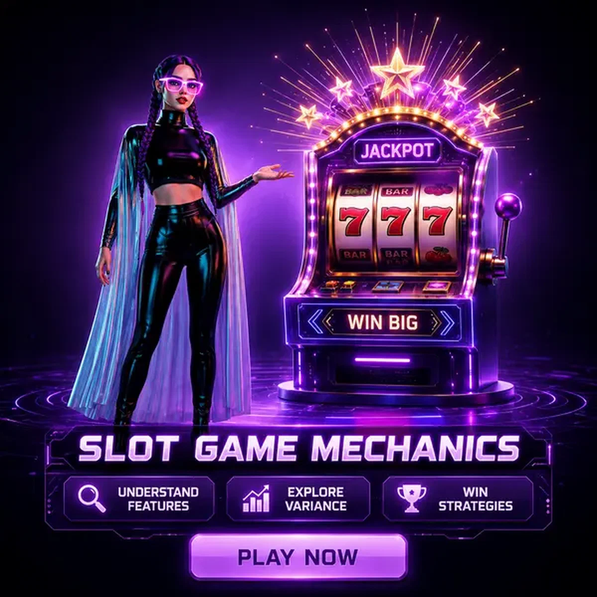 Personaggio che presenta giochi slot luminosi su Needforslots con corona di luci starburst