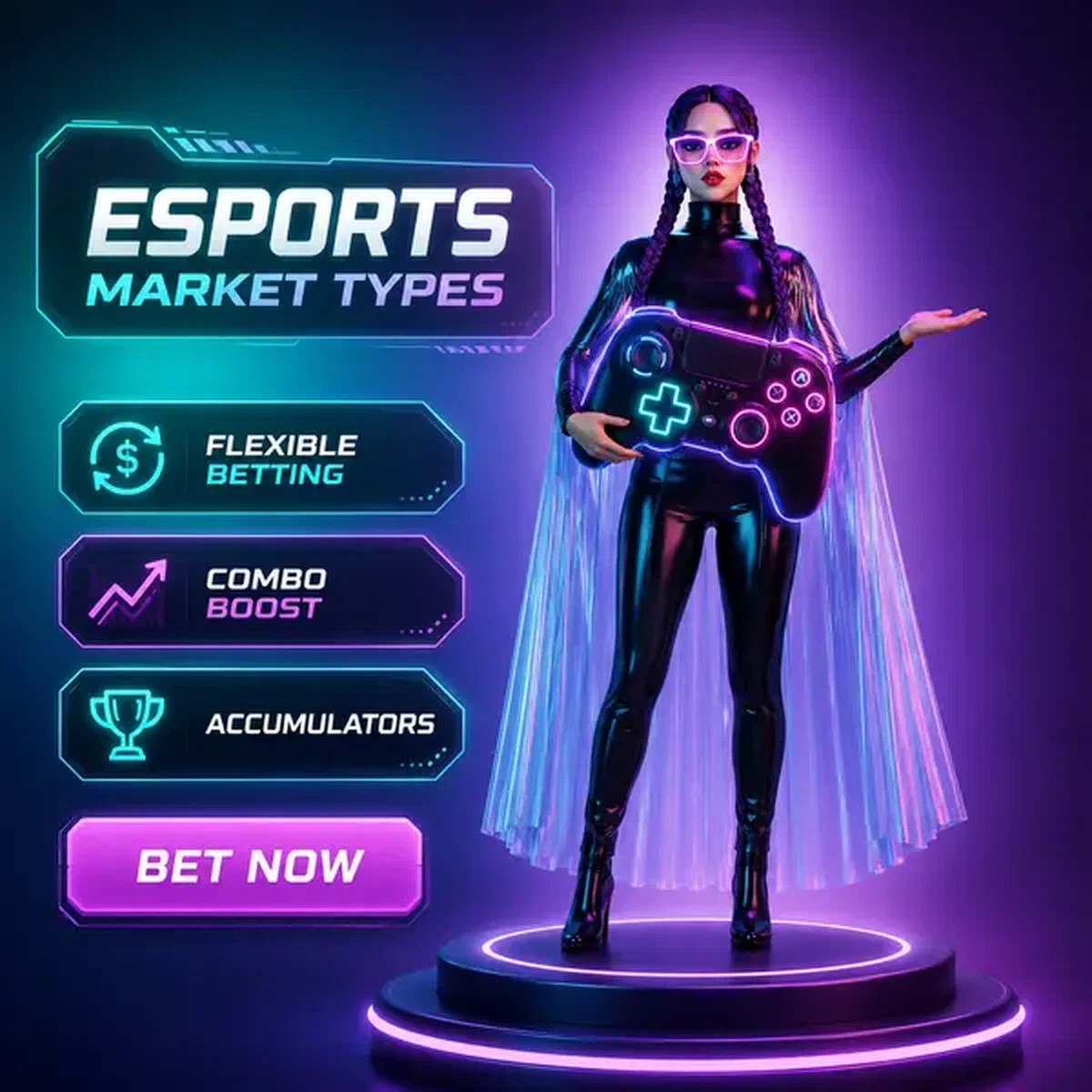 Analista esport professionale che tiene controller illuminato al podio del torneo di gioco