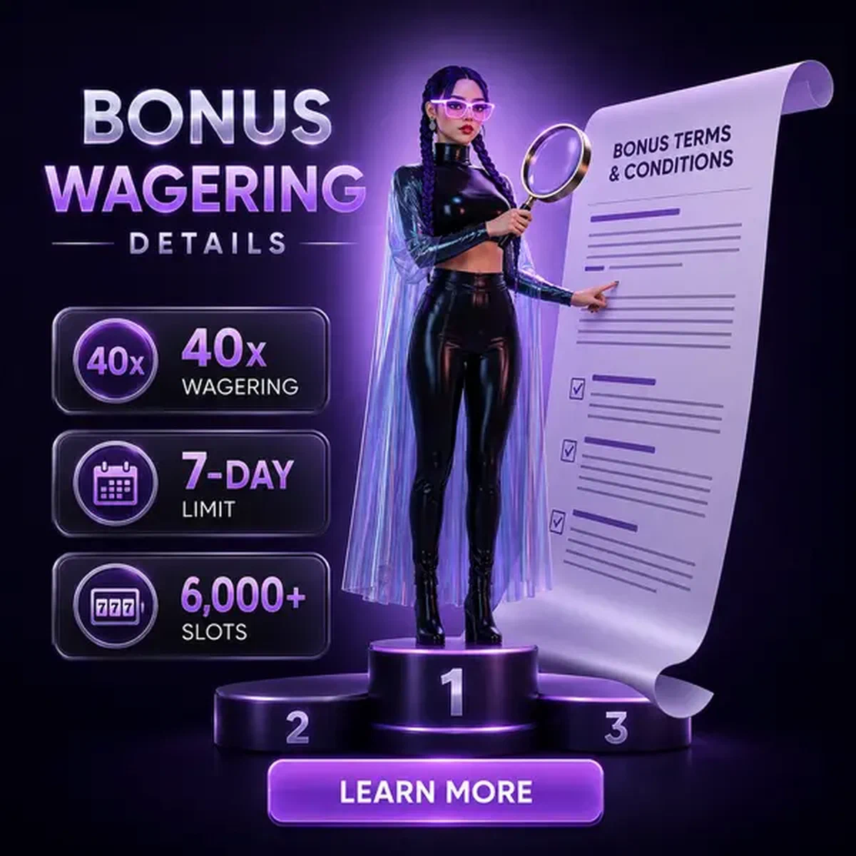 Giocatore che esamina i requisiti di puntata del bonus su Needforslots Casino con lente d'ingrandimento