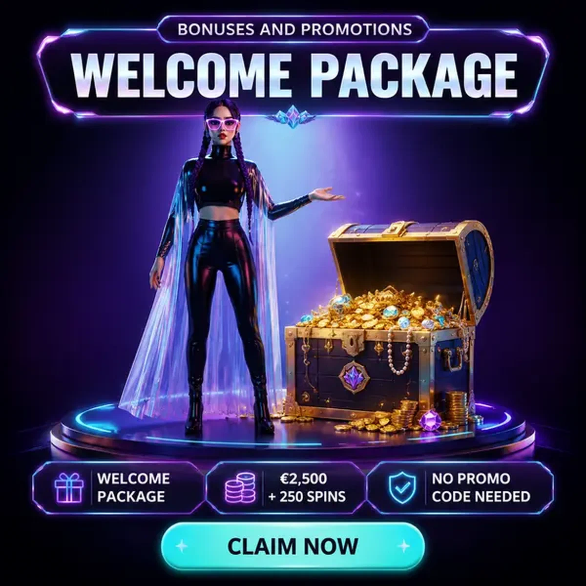 Donna dell'Asia orientale che presenta un forziere del tesoro di bonus di benvenuto al Needforslots Casino