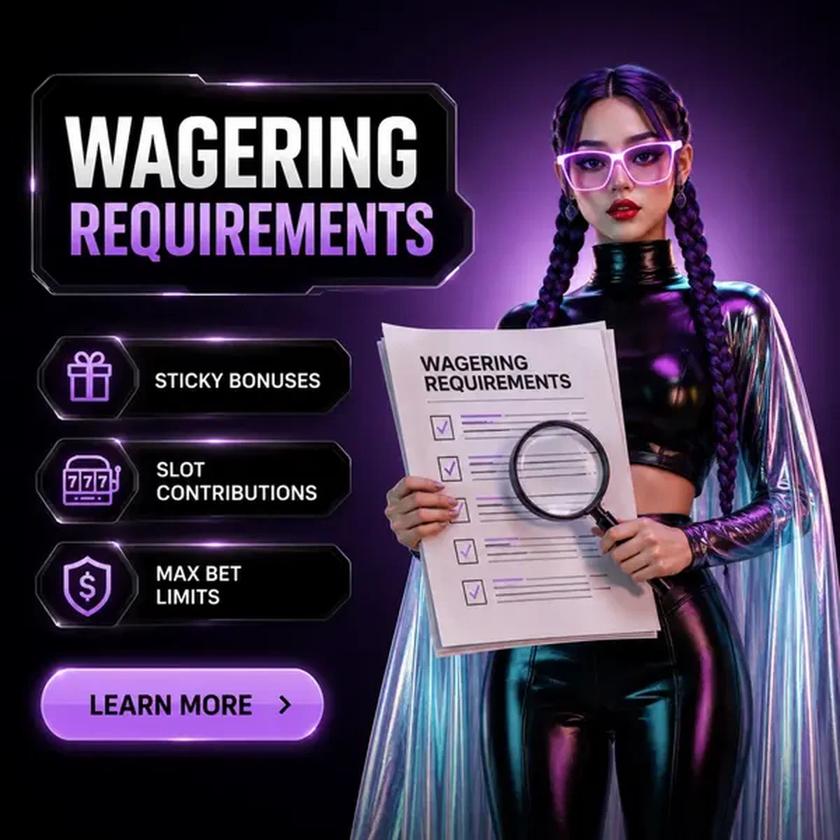 Giovane donna che esamina i requisiti di scommessa con lente d'ingrandimento presso il centro bonus senza deposito Needforslots