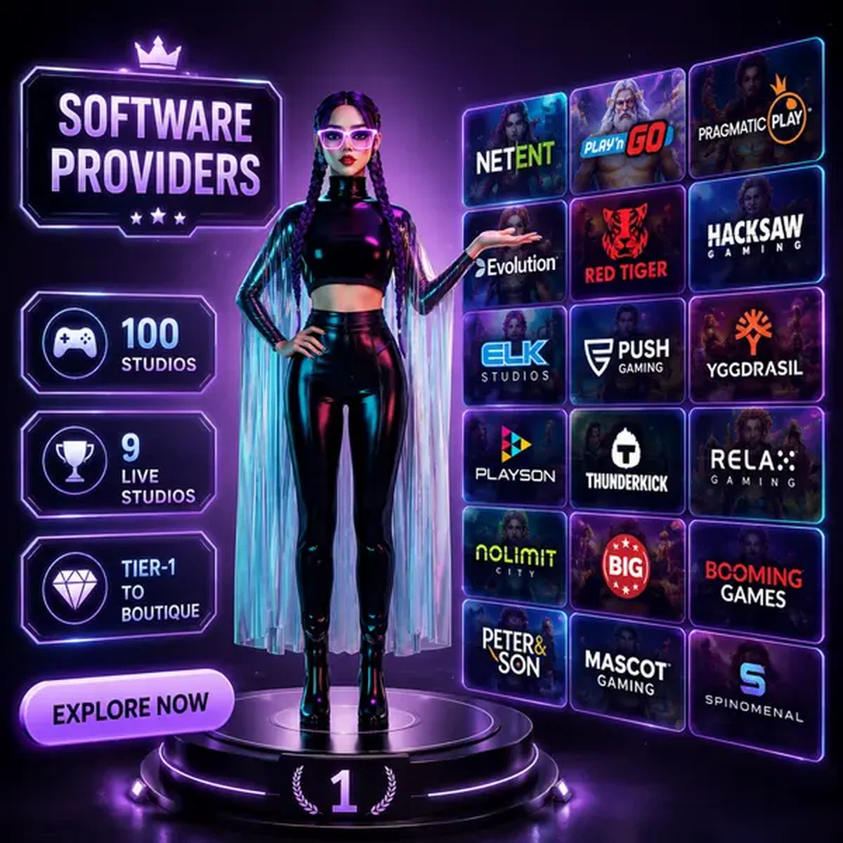 Curatore sicuro che presenta la collezione di provider software Needforslots sul podio del vincitore